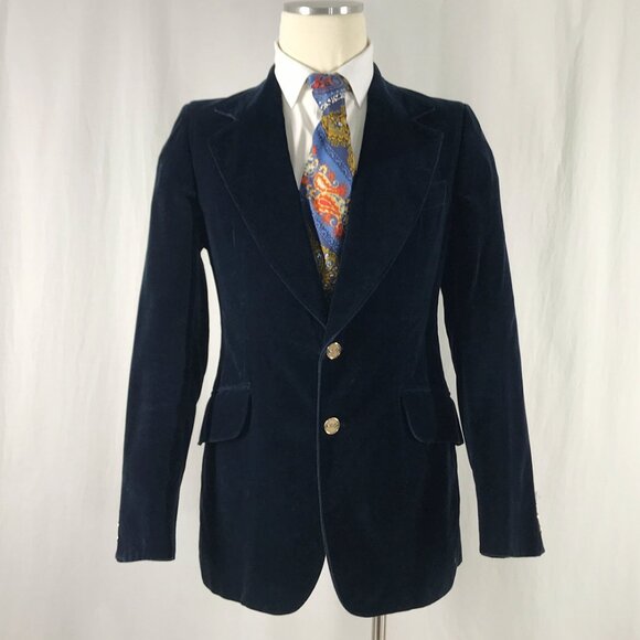 Vintage 70s Sport coat Velvet Velour Navy Blue Blazer Jacket Disco - Picture 4 of 7